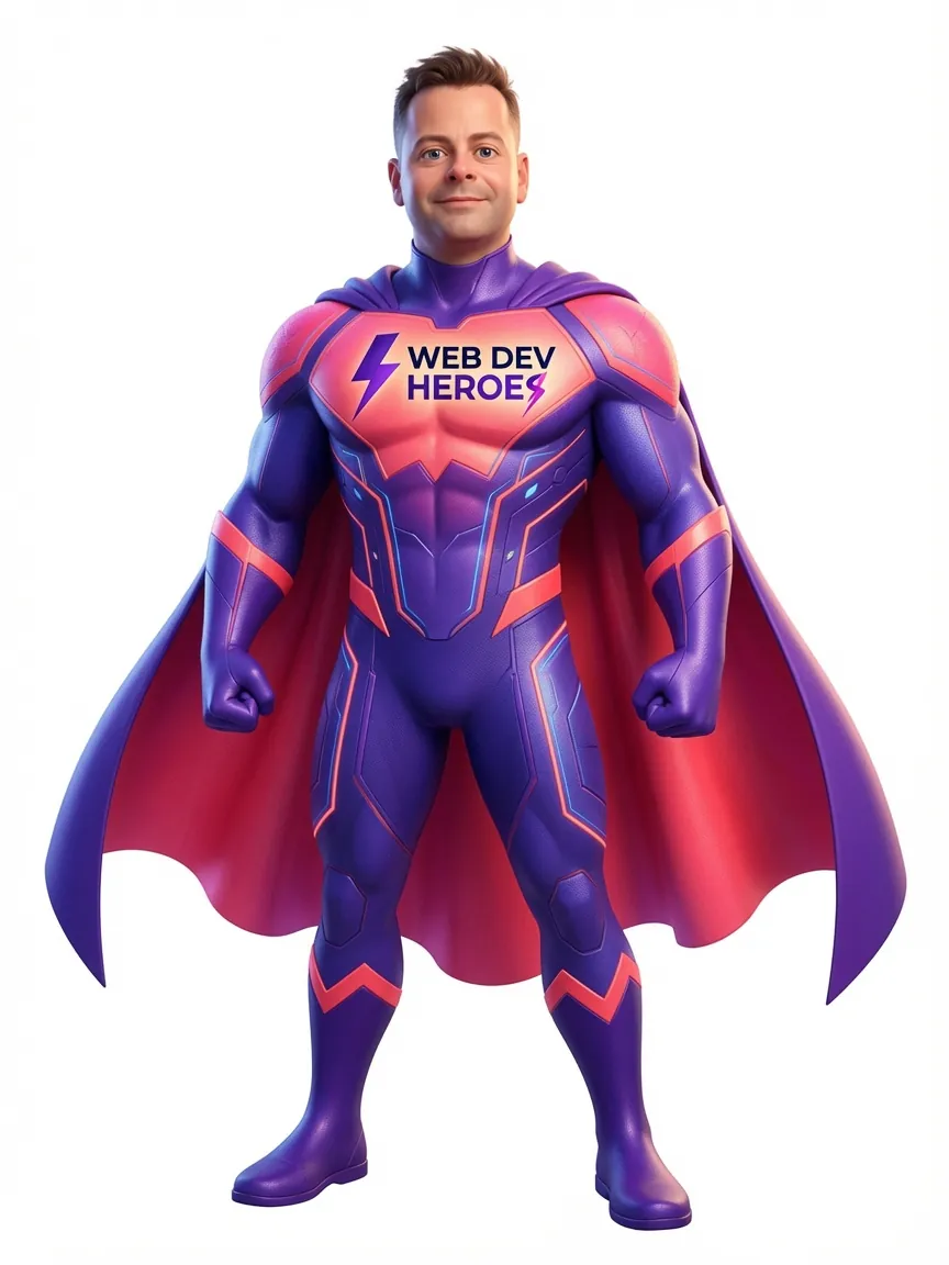 Chris Danks, director of Web Dev Heroes, illustrated as a superhero in the Web Dev Heroes suit