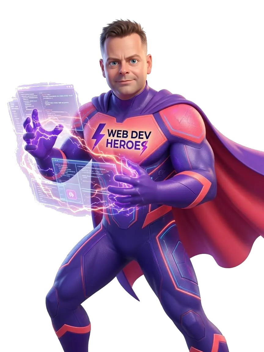 Chris, the Web Dev Heroes superhero, conjuring code and interfaces