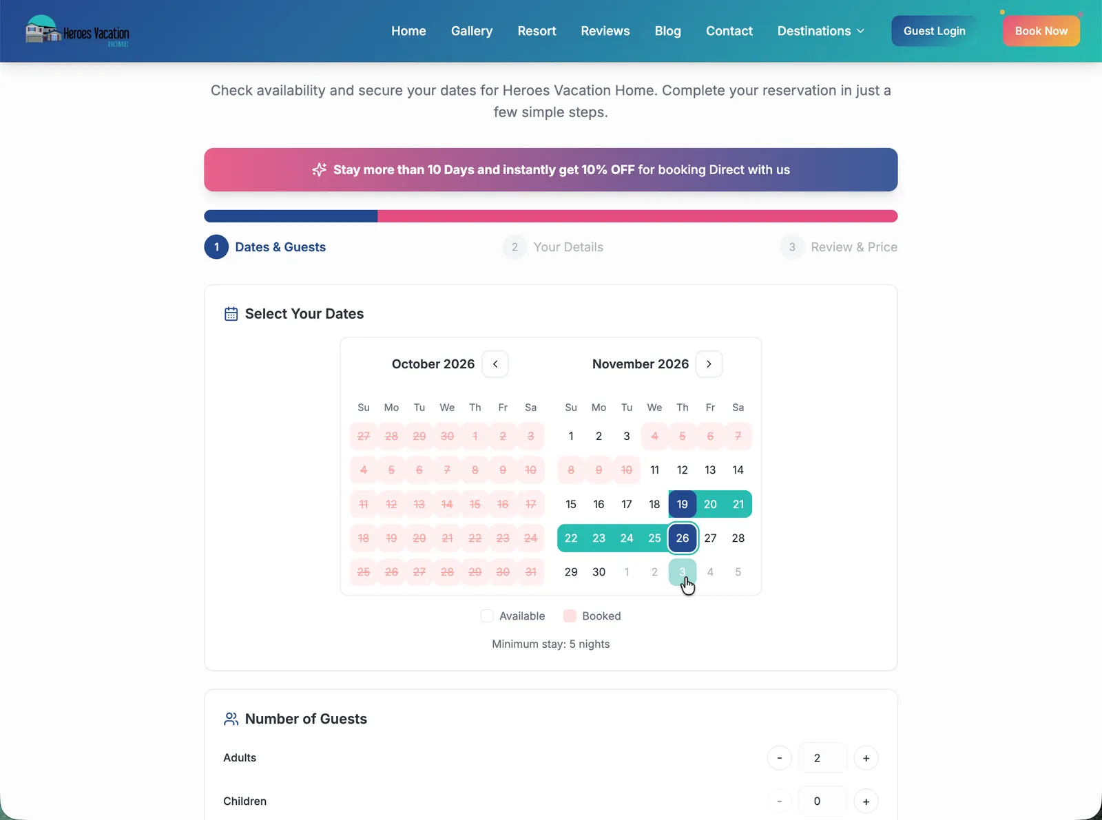 Booking wizard dates and guests step
