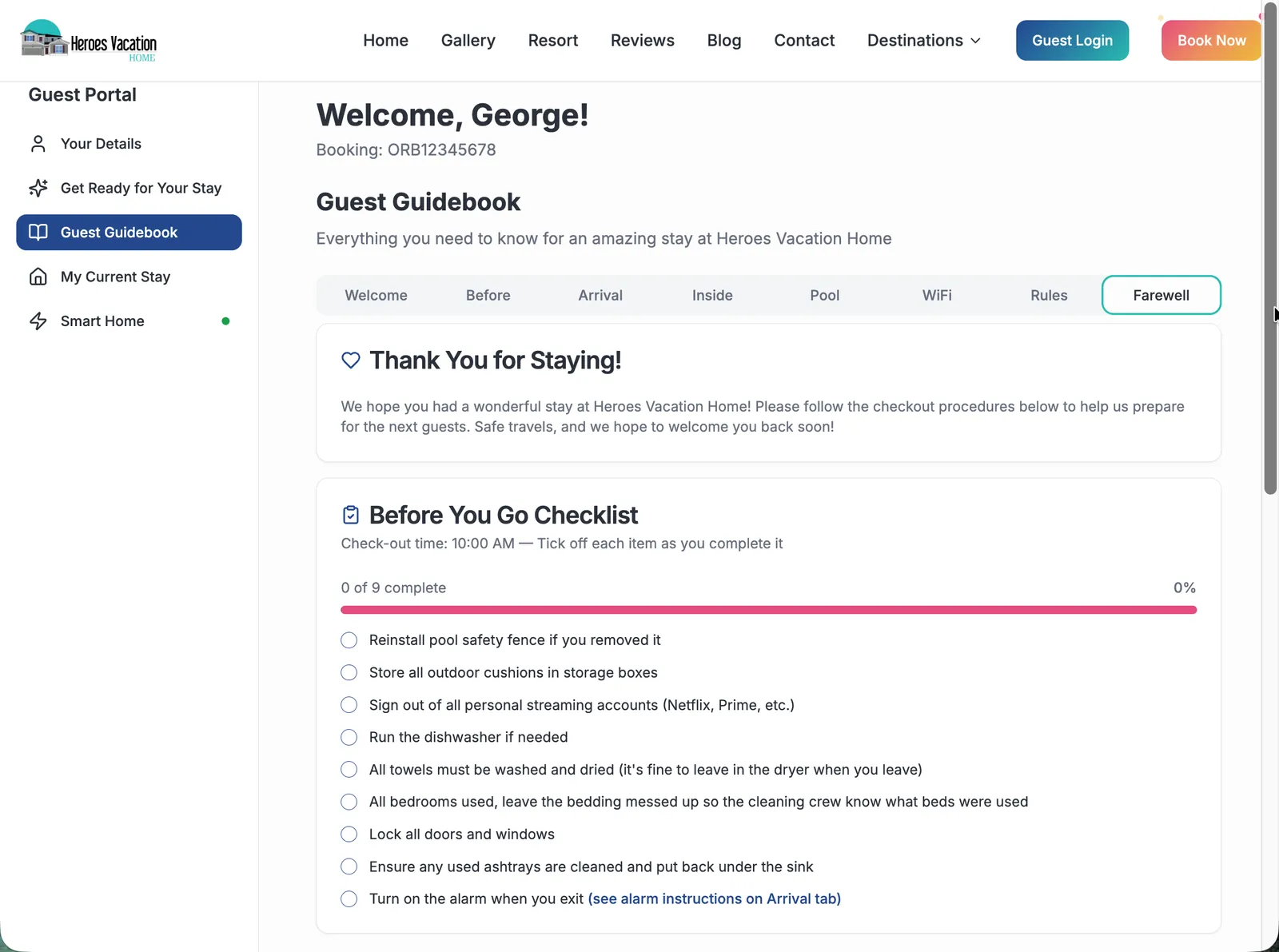 Heroes Vacation Home checkout checklist