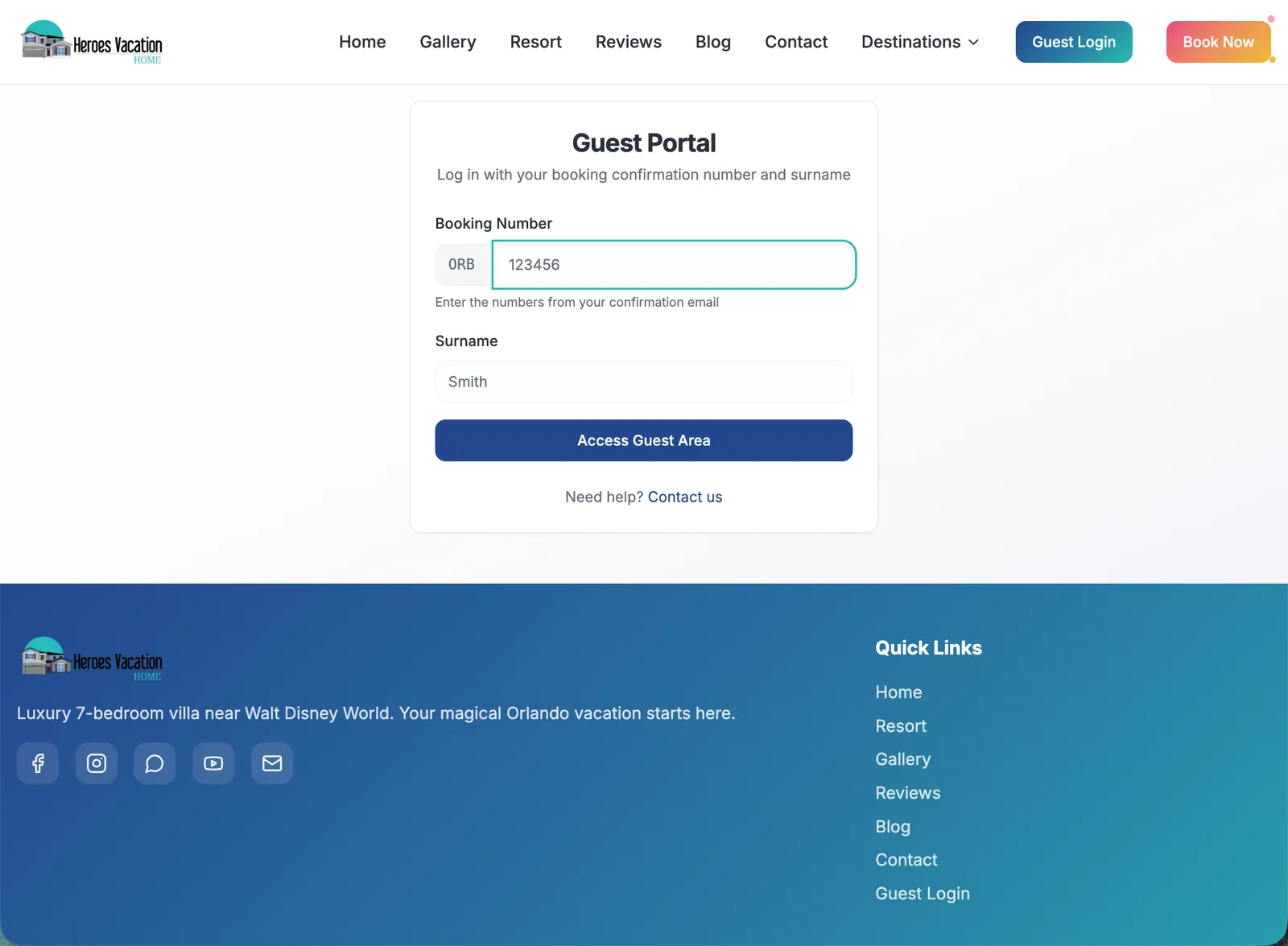 Heroes Vacation Home guest portal login