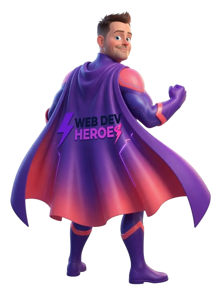 Web Dev Heroes mascot, cape facing, presenting the work