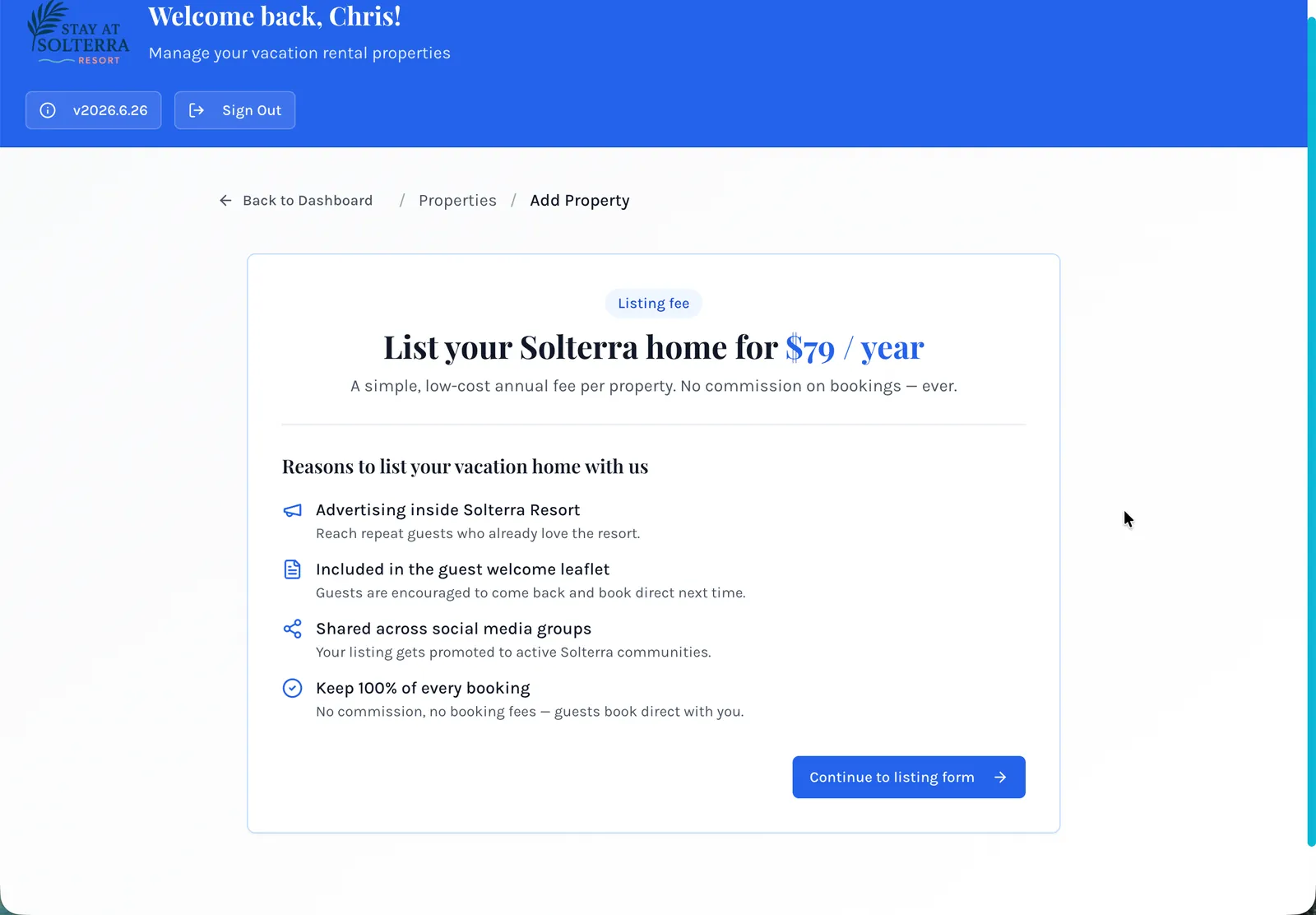 Listing fee subscription screen — $79 per year