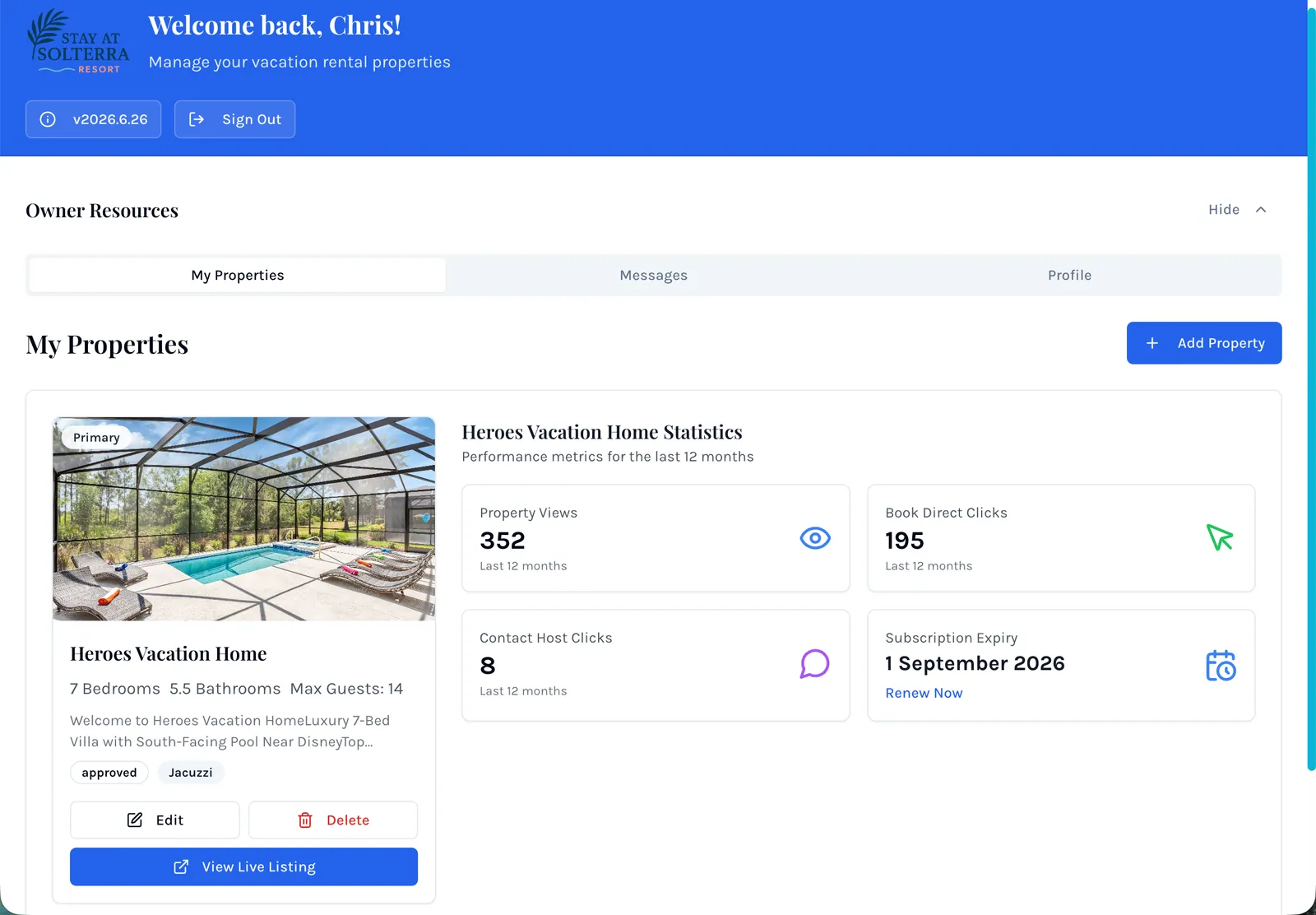 Stay At Solterra owner dashboard with property performance stats