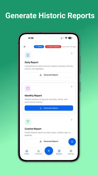 Generate historic reports screen