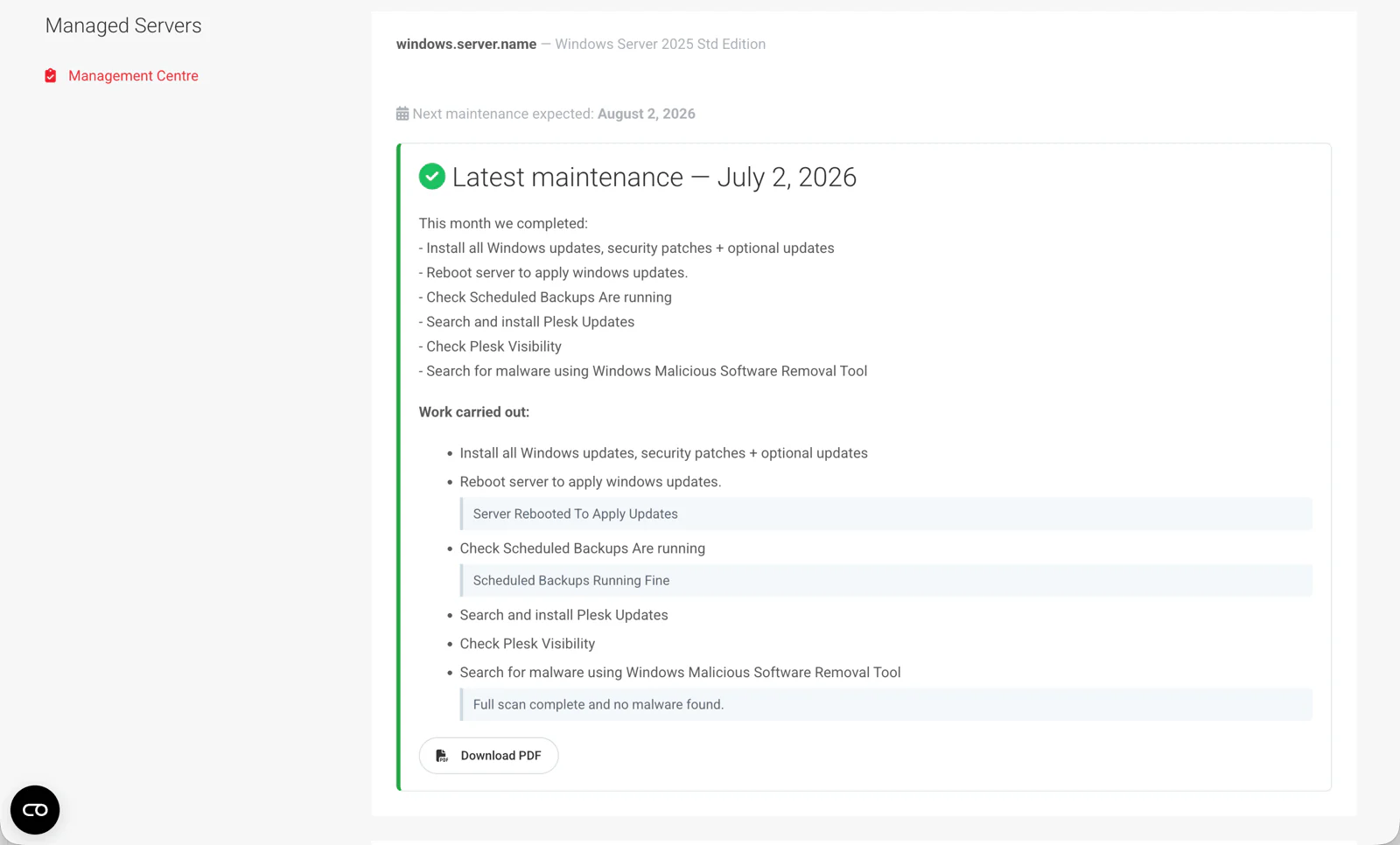 Client-facing Management Centre showing the latest maintenance report and Download PDF button