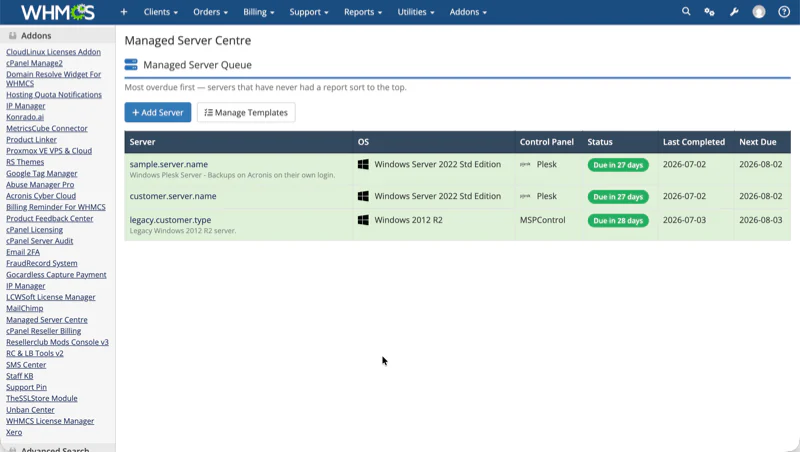 Managed Server Centre dashboard inside WHMCS