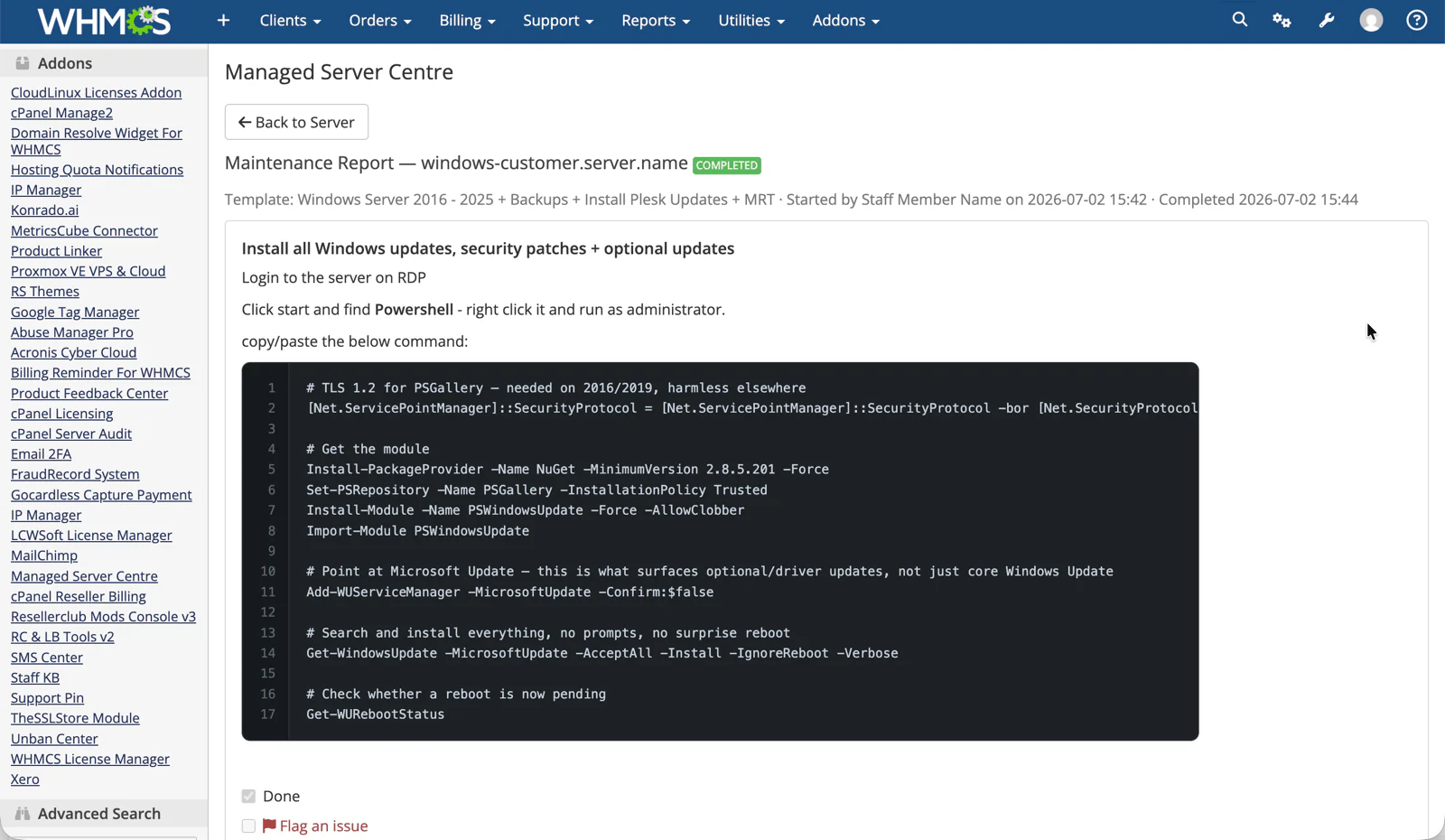 Managed Server Centre maintenance report with a copy-paste PowerShell code block
