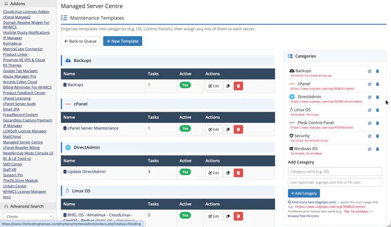 Managed Server Centre maintenance templates organised into categories